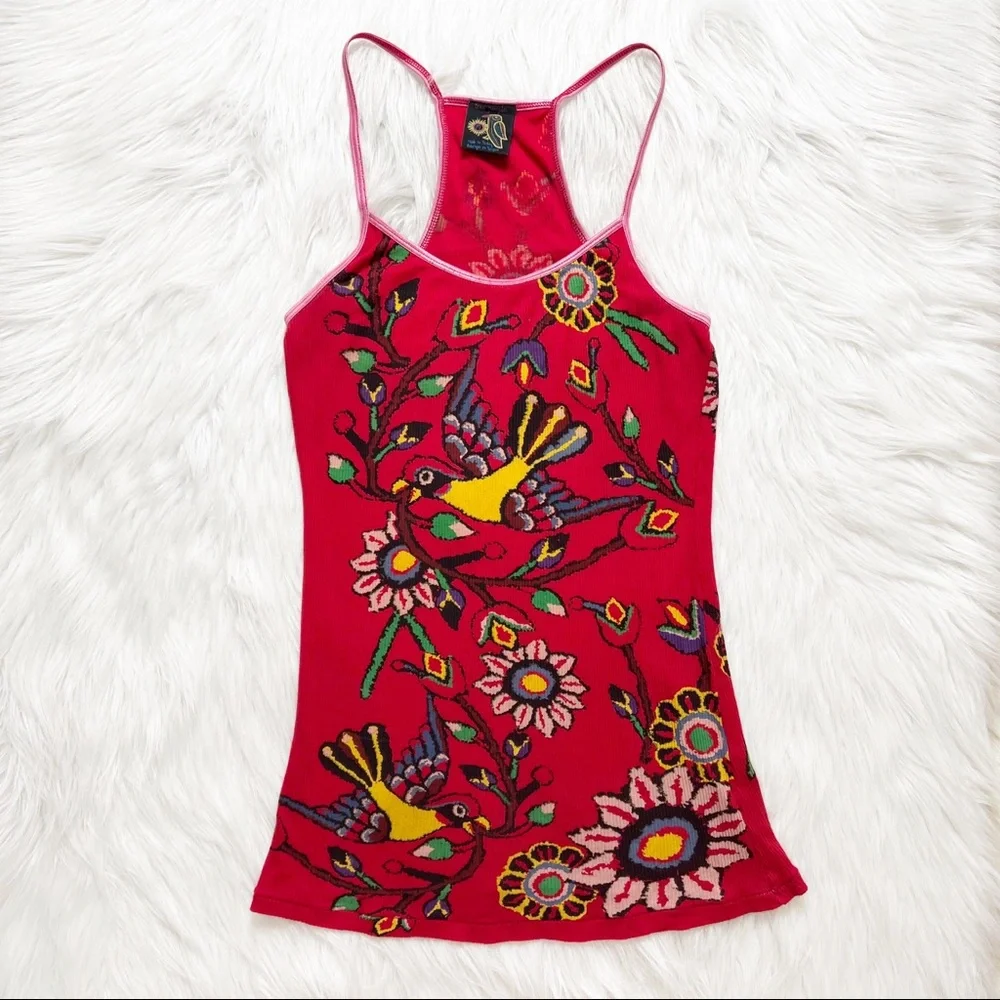 SOLD-Free People Tropical Bird Print Ribbed Red Tank Top - Picture 6 of 8
